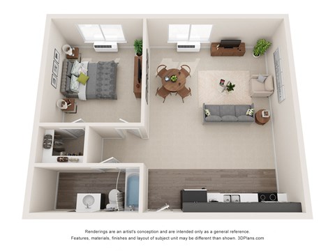a floor plan of a one bedroom apartment with a living room and kitchen